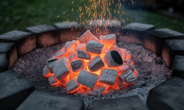 A close-up shows glowing charcoal briquettes burning in a fire pit with scattered sparks