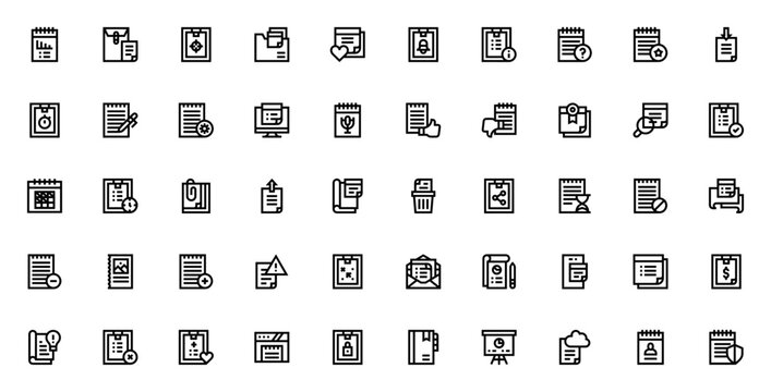Notes and Tasks icon set. Minimal vector icons pack.Includes symbols for documnt, calendar, checklist, cipboard, notes, target, setings, and more. Editable troke.