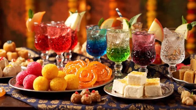 Vibrant Indian Sweets and Refreshing Drinks Displayed on a Festive Table.