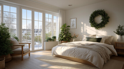 Fototapeta premium Serene Bedroom Sanctuary: A beautifully designed bedroom bathed in natural light, showcasing a comfortable bed, elegant decor, and scenic outdoor views.