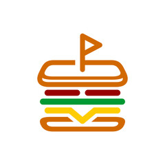 Minimalist hamburger illustration with bold layers, vibrant colors, top bun flag, clean lines, and modern abstract food design appeal