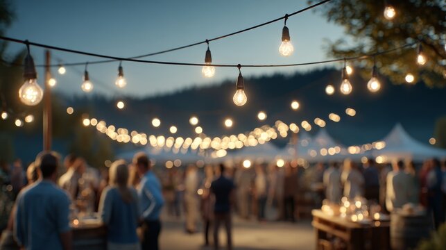 An outdoor evening scene with string lights hanging, people gathered and socializing in a relaxed atmosphere.