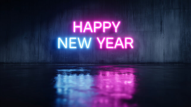 Vibrant neon sign glowing pink and blue reading Happy New Year on dark wall with reflections creating modern futuristic festive vibes for celebration backgrounds. 