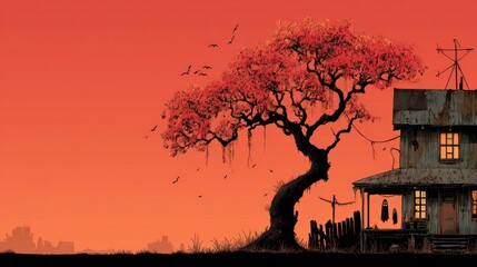 Dramatic sunset scene with a tree, old house, and flying birds with an eerie mood