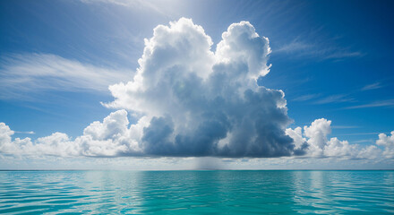Trade wind cumulus clouds over tropical lagoon for travel magazine and climate concept illustration