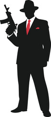 Gangster silhouette, noir style, fedora hat, red tie, submachine gun, dramatic pose, vintage crime, mafia icon, retro fashion, mystery
