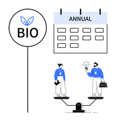 Business professionals balancing corporate tasks on a scale, bio-friendly label, annual planning. Ideal for sustainability, balance, teamwork, goals, decision-making, eco-consciousness