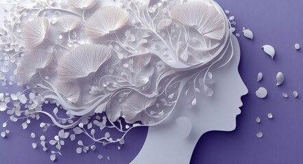 An abstract paper art illustration featuring a female silhouette with intricate floral elements on a purple background.