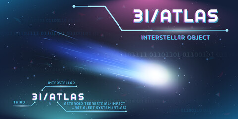 3I/ATLAS 2025 interstellar comet vector illustration. Futuristic style neon elements on gradient background
