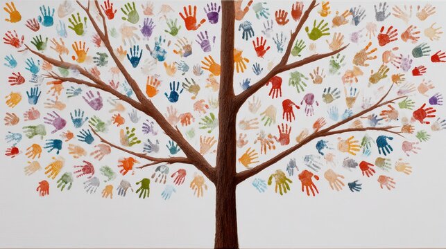 A tree adorned with numerous colorful handprints showcasing a blend of individuality and collective unity in art.