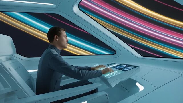 A person at controls of futuristic spaceship