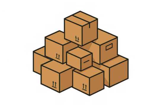Stack of cardboard boxes moving, storing, and delivering packages with shipping symbols, transparent background