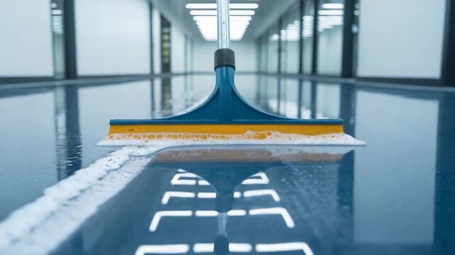 A squeegee cleaning a long, reflective blue floor