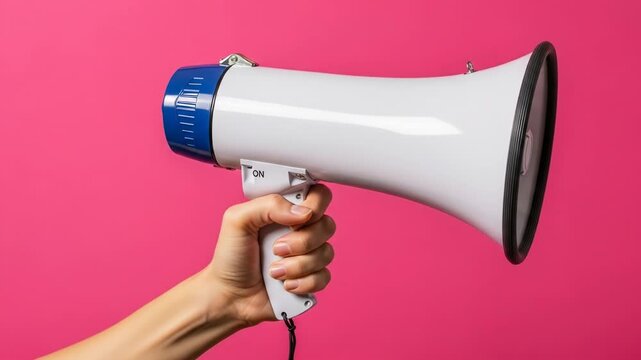 Hand holding a white and blue megaphone against a vibrant pink backdrop
