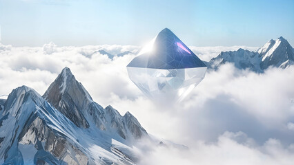 Visualize an ethereal realm where hyper-real metallic clouds interlace with translucent crystal mountains, creating a surreal landscape bathed in ethereal light. An enigmatic, geometric being resides 