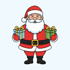 Santa Claus holding gift boxes, cheerful Christmas character vector illustration for holiday celebration design