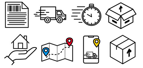 Set of delivery and logistics icons including parcel, map, stopwatch, truck, and document symbols. Clean line style with color accents. Isolated on white background, PNG.
