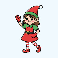 Cute Christmas elf girl waving hand, Santa helper character vector illustration for winter holiday design