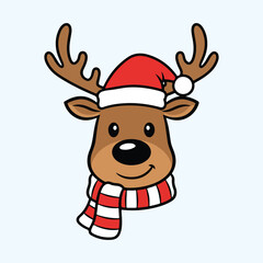 Cute reindeer in Santa hat and red scarf, Christmas animal character vector illustration for winter holiday design