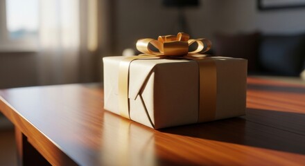 Elegant Gold Wrapped Gift Box with Ribbon on Wooden Table in Cozy Room