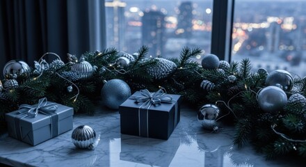 Elegant Christmas Decorations with Silver and Blue Ornaments and Gift Boxes on Marble Surface in Front of City Skyline Window