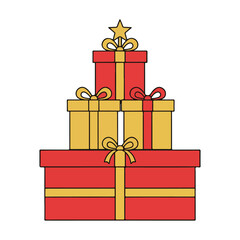 Stack of red and gold Christmas gift boxes with ribbons, festive present pile vector illustration for holiday celebration