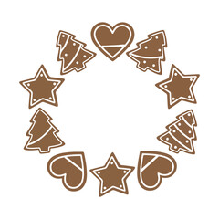 Gingerbread cookie wreath with heart and star shapes, festive Christmas decoration vector illustration for winter holiday design