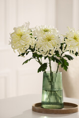 Beautiful chrysanthemum flowers in vase on white table indoors