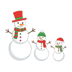 Cute snowman family with red and green scarves, happy winter holiday illustration, Christmas festive character design for greeting cards and decorations