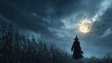 Mysterious witch walking in a field under a full moon with ominous clouds and birds