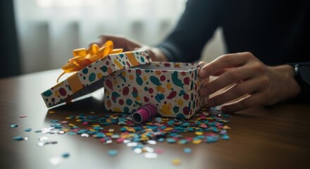 Person Opening Colorful Confetti Gift Box on Wooden Table in Bright Room