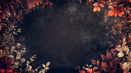 Dark textured background framed by autumn leaves and branches featuring shades of red orange and brown foliage
