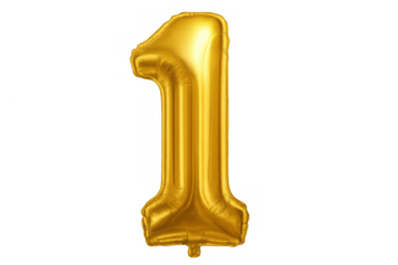 Golden foil balloon number one celebrating first birthday, anniversary or success, transparent background