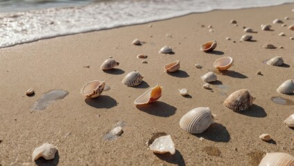 Close-up of seashells scattered on sandy beach as gentle wave crests approach