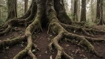Fototapeta premium Close-up shot of a massive tree's exposed roots in a forest, moss-covered, dappled light