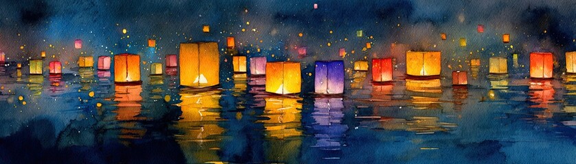 A serene watercolor scene depicting colorful lanterns floating on water, reflecting vibrant hues against a dark night sky.