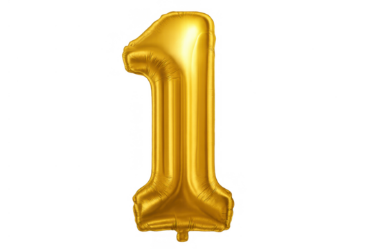 Golden foil balloon number one celebrating first birthday, anniversary or success, transparent background