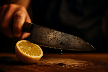 Chef slicing a juicy lemon with a textured knife