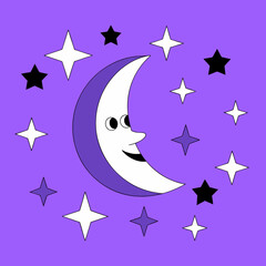 Cartoon illustration of a crescent moon with face surrounded by stars on purple