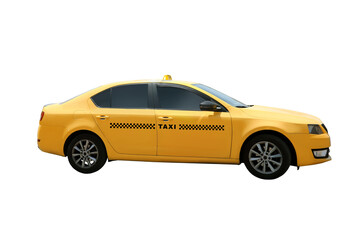 Taxi service. Yellow car with logo and top sign isolated on white, side view