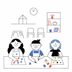 Children are painting with colorful dots in the art classroom