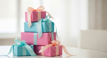Colorful Gift Boxes with Ribbons Stacked on White Surface in Bright Room