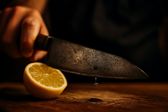 Chef slicing a juicy lemon with a textured knife
