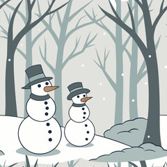 Snowmen in a winter forest create a festive scene