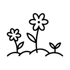 Three flowers in a garden, a simple line drawing
