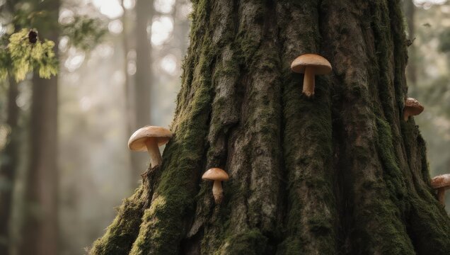 Close-up of tree trunk covered in moss with several mushrooms growing, dappled sunlight - Powered by Adobe