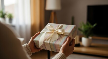 Person Holding Gift Box with Ribbon in Cozy Living Room