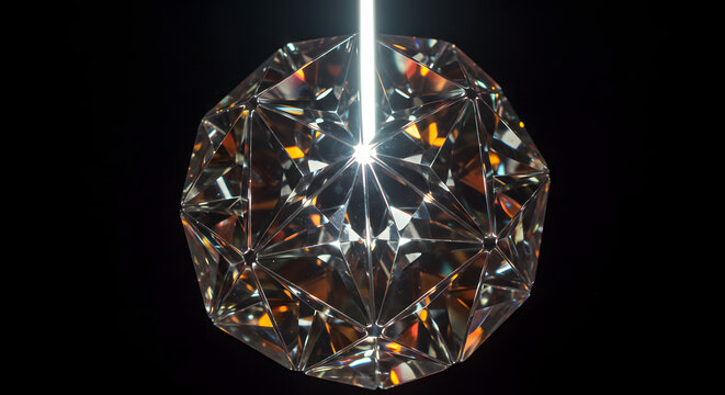 A flawless round brilliant cut diamond illuminated by a single beam of light.