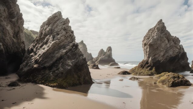 Coastal view weathered rock formations and sandy beach with gentle waves under a cloudy sky