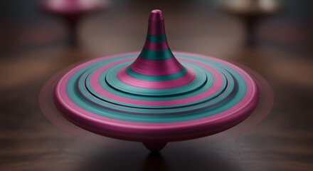A metallic spinning top with pink and teal stripes in motion.